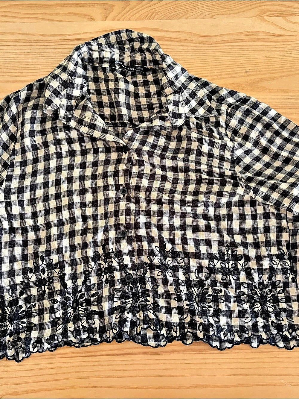 ZARA Gingham Blouse with Lace Hem Black & White Medium